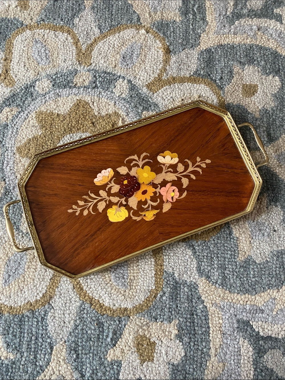 Italian Sorrento Inlay Wood Serving Tray with Brass Trim